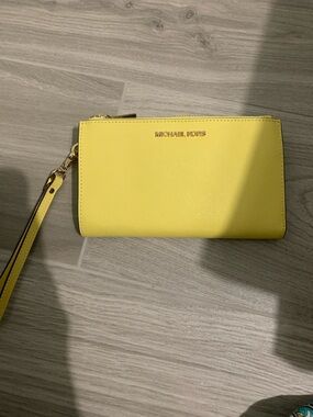 Michael Kors Yellow Leather Wristlet with Gold Logo Accent